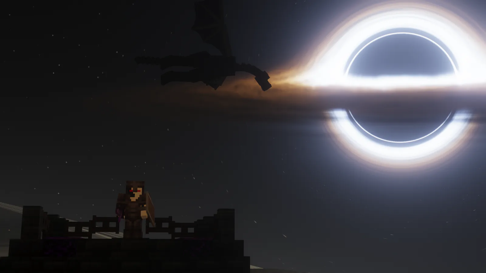Pessoa e dragão diante de um grande buraco negro luminoso